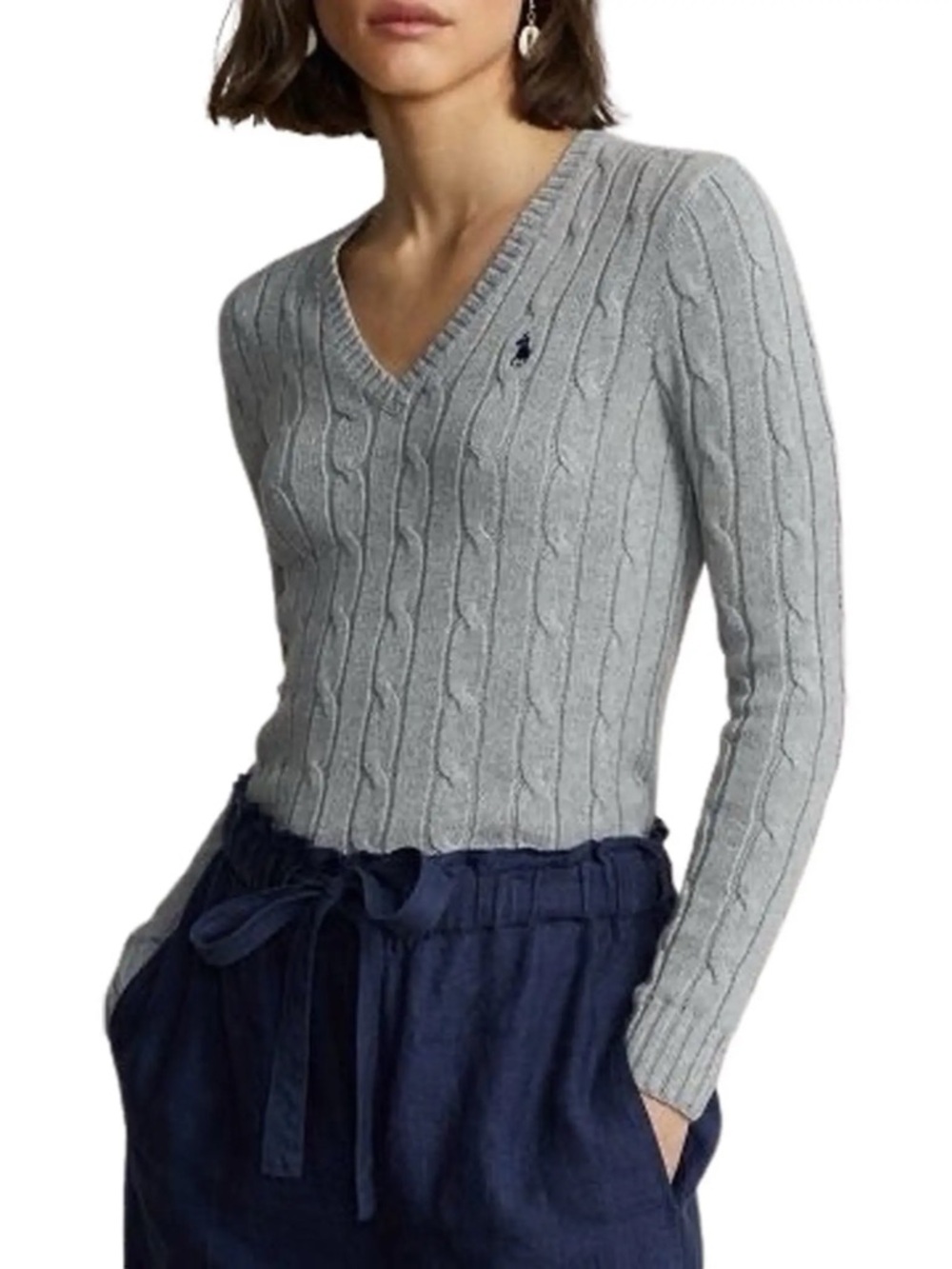 Polo Ralph Lauren Women's Cable Wool-Cashmere V-Neck Sweater in Grey